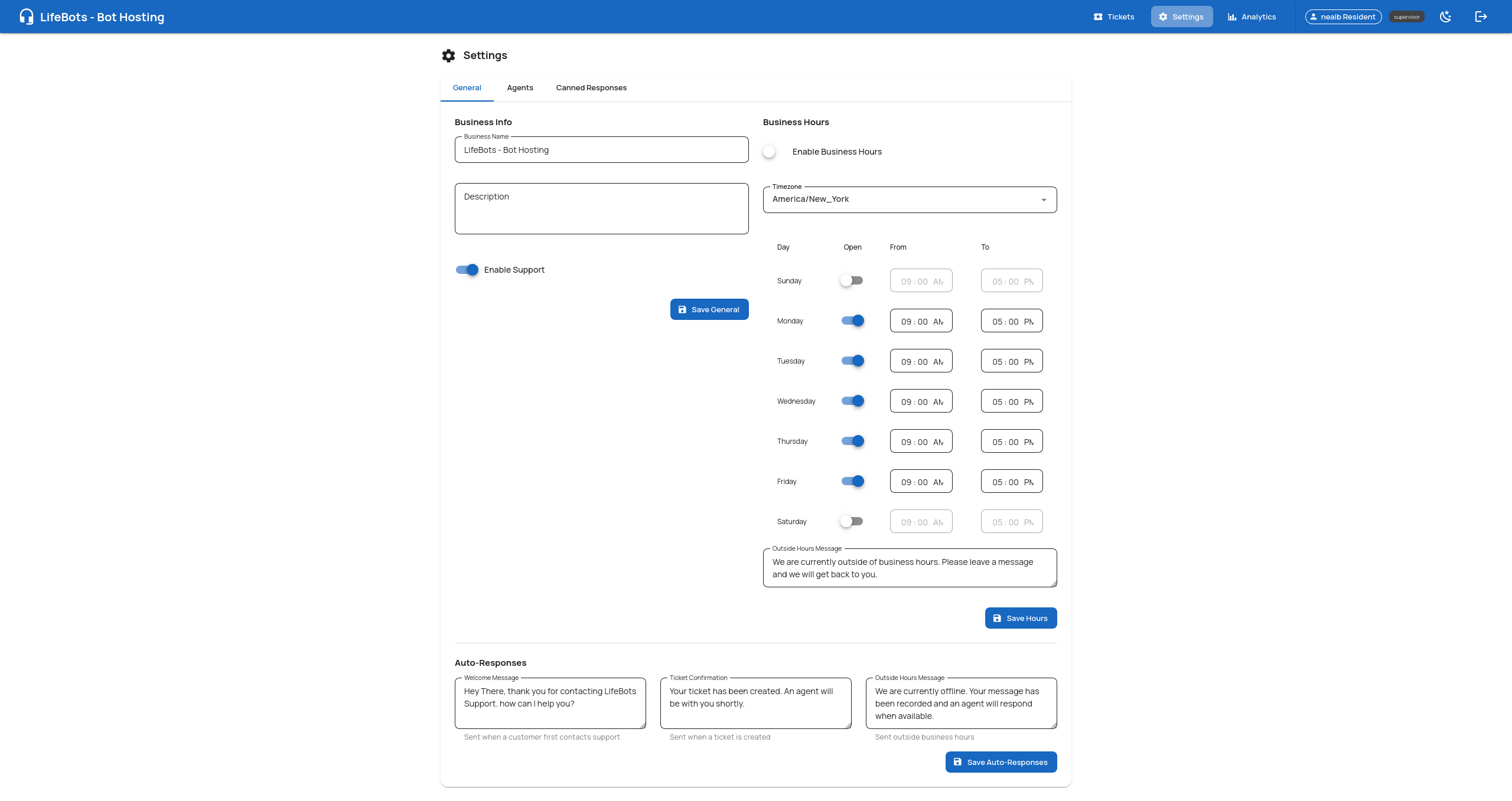 Agent Portal — settings with business hours and auto-responses